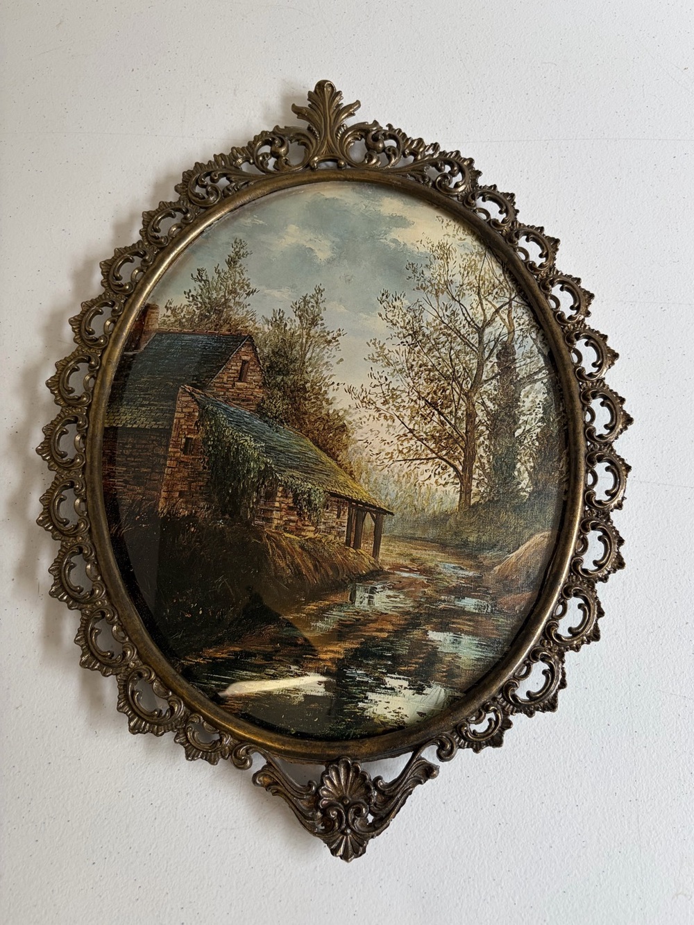 Vintage Convex Glass Landscape Art Ornate Metal Oval Frame Rococo Wall Decor